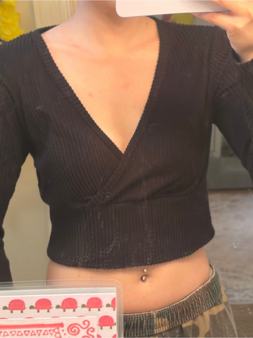 V neck corduroy cropped black wrap top